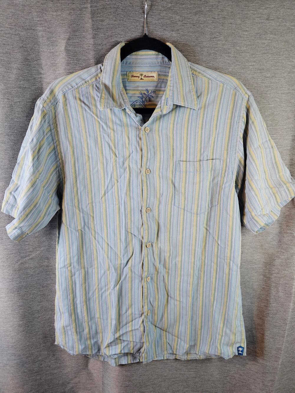 Tommy Bahama Shirt Mens Sz Med Blue/yellow/green Striped 100% Silk Button Up